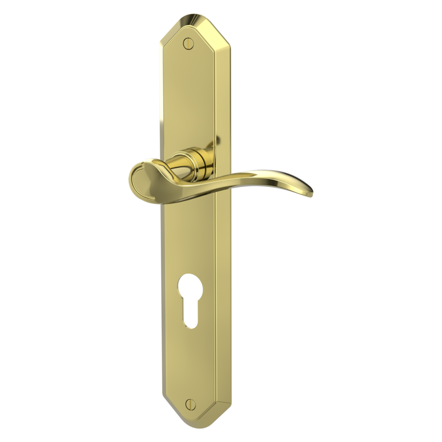 Isolated product image in the left-turned angle shows the GRIFFWERK door handle set AMADEUS in the surface brass look version  euro profile
