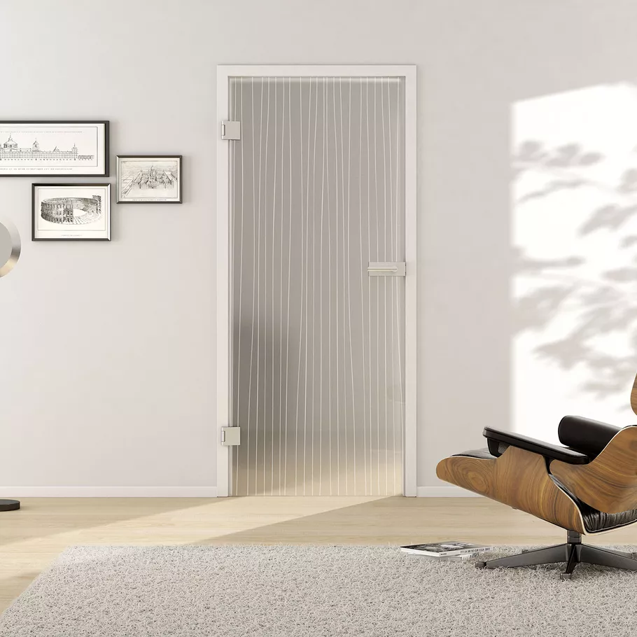 Glasdrehtür LINES 651 ESG PURE WHITE matt 959x1972x8mm Studio/Office DIN L