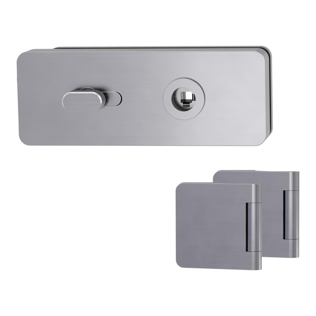 glass door lock set GATE wc opp. lock side magnetic 3-part hinges brushed steel look