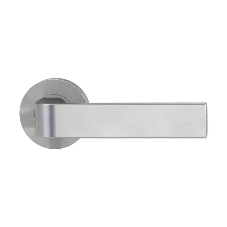 The image shows the Griffwerk door handle set GRAPH in the version with rose set round unlockable screw on velvety grey