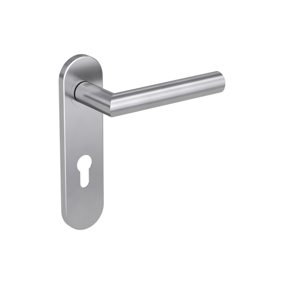 Isolated product image in the right-turned angle shows the GRIFFWERK door handle set LUCIA PROFESSIONAL in the surface brushed steel version  euro profile