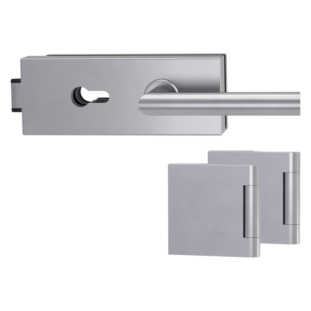 FABRICO glass door fitting set Quiet profile cylinder 3-pc. hinges L-FORM ﻿satin stainless steel effect﻿
