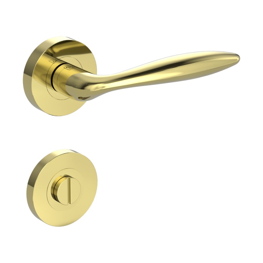 Isolated product image in the right-turned angle shows the GRIFFWERK rose set ALINA in the version turn and release - brass look - screw on technique outside view