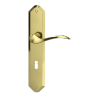 Isolated product image in perfect product view shows the GRIFFWERK long plate set LUCIO in the version mortice lock - brushed steel - deco screw