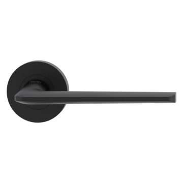 The image shows the Griffwerk door handle set REMOTE in the version with rose set round unlockable screw on graphite black
