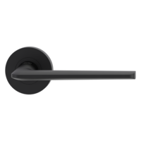 The image shows the Griffwerk door handle set REMOTE in the version with rose set round unlockable screw on graphite black
