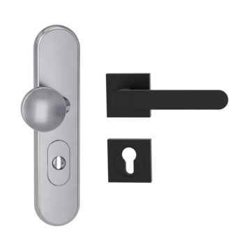 Silhouette product image in perfect product view shows the Griffwerk security combi set TITANO_882 in the version cylinder cover, square, brushed steel, clip on with the door handle AVUS GSC