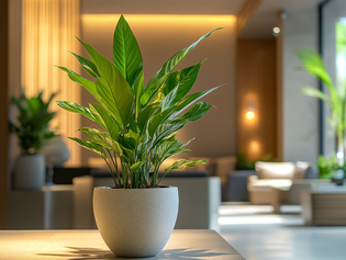 Plant in the living room The picture shows a plant on a table with a living room in the background