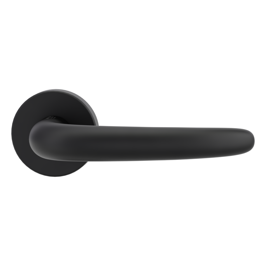 The image shows the Griffwerk door handle set ULMER GRIFF in the version with rose set round unlockable clip on graphite black