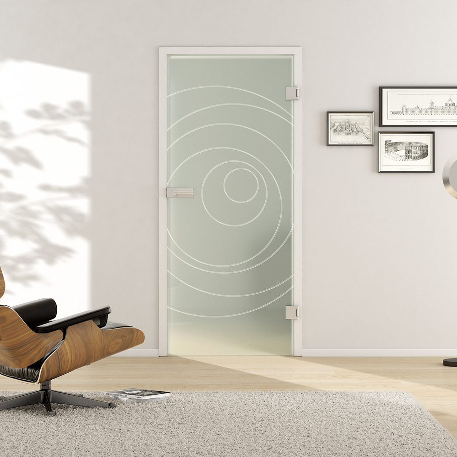 Ambient image in living situation illustrates the Griffwerk Glass revolving door DECO 585 in the version TSG BASIC GREEN matt