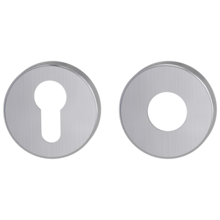 Freigestelltes Produktbild im idealen Blickwinkel fotografiert zeigt den Griffwerk Kombi-Innen-Rosettensatz in der Version Edelstahl matt, rund, Klipptechnik