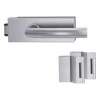 Silhouette product image in perfect product view shows the Griffwerk glass door lock set PURISTO S in the version unlockable, brushed steel, 2-part hinge set with the handle pair LORITA PROF