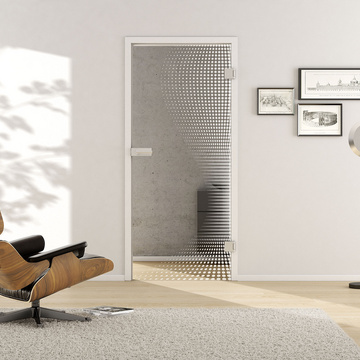 Wohnsituation mit zeigt die GRIFFWERK Glastür Dots_LD_661 in der Ausführung DIN rechts - Drehtür Bohrung Studio/Office - Einscheibensicherheitsglas PURE WHITE Laser einseitig 