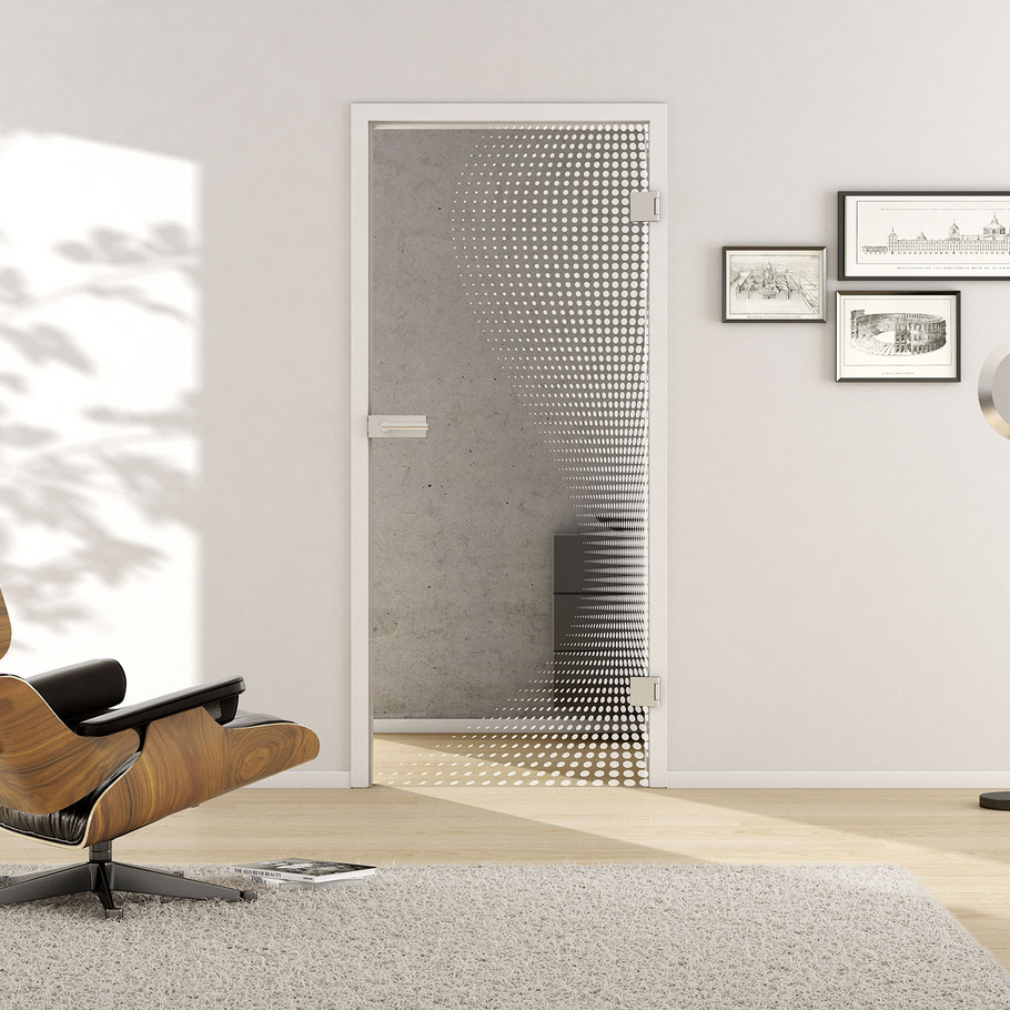 Living situation with shows the GRIFFWERK glass door Dots_LD_661 laser one side in the version revolving door - DIN right - studio / office - tempered safety glass PURE WHITE 