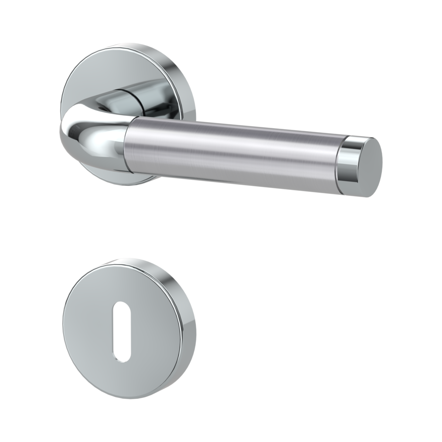 Isolated product image in the left-turned angle shows the GRIFFWERK rose set ADINA in the version mortice lock - polished/brushed steel - clip on technique
