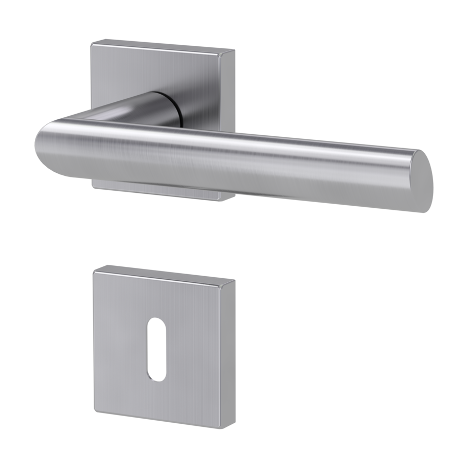 Isolated product image in the left-turned angle shows the GRIFFWERK rose set square OVIDA QUATTRO in the version mortice lock - brushed steel - clip on technique
