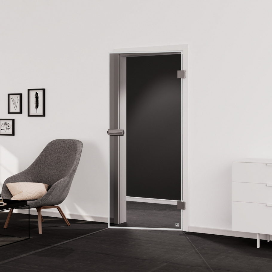 Living situation which shows the glass door with tempered safety glass (ESG) laserdecor JETTE FRAME 815 in the vision clear MOON GREY drilling Studio/Office revolving door DIN R