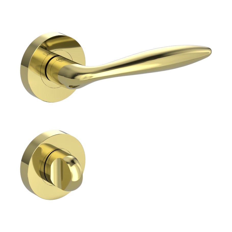 Isolated product image in the right-turned angle shows the GRIFFWERK rose set ALINA in the version turn and release - brass look - screw on technique inside view 