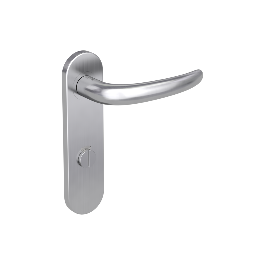 Isolated product image in the right-turned angle shows the GRIFFWERK door handle set ULMER GRIFF PROFESSIONAL in the surface brushed steel version  wc red/white