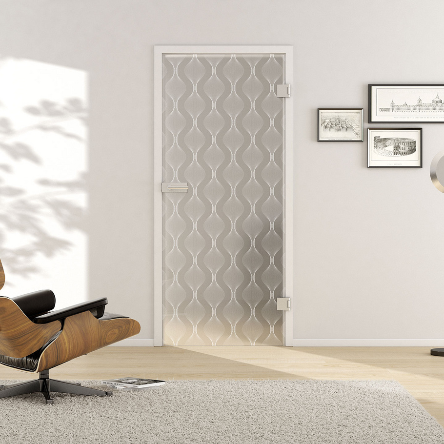 Wohnsituation mit zeigt die GRIFFWERK Glastür Deco_LD_655 in der Ausführung DIN rechts - Drehtür Bohrung Studio/Office - Einscheibensicherheitsglas PURE WHITE Laser / Siebdruck 