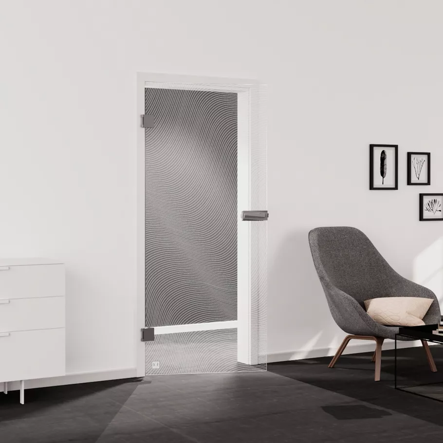 Glasdrehtür WAVE 563 ESG PURE WHITE klar 959x1972x8mm Studio/Office DIN L