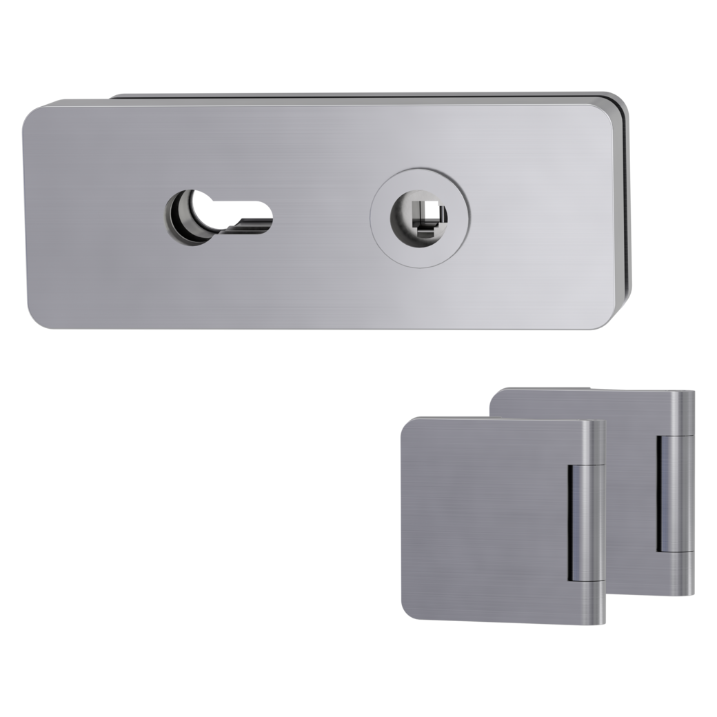 glass door lock set GATE euro profile magnetic 3-part hinges brushed steel look
