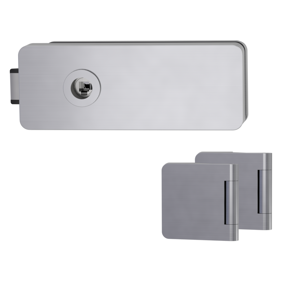 Silhouette product image in perfect product view shows the GRIFFWERK glass door lock set GATE in the version unlockable, brushed steel look, 3-part hinge set