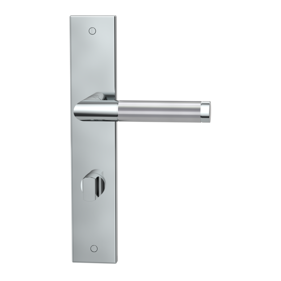 The image shows the Griffwerk door handle set LOREDANO in the version with long plate square wc deco screw polished/brushed steel