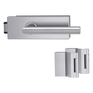 Silhouette product image in perfect product view shows the Griffwerk glass door lock set PURISTO S in the version unlockable, brushed steel, 2-part hinge set with the handle pair VIVIA