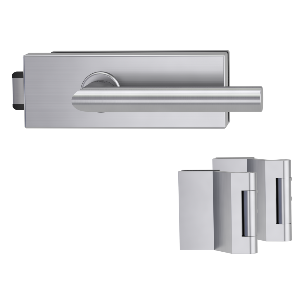 glass door lock set PURISTO S unlockable silent 3-part hinges VIVIA brushed steel