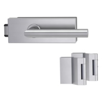 Silhouette product image in perfect product view shows the Griffwerk glass door lock set PURISTO S in the version unlockable, brushed steel, 2-part hinge set with the handle pair VIVIA