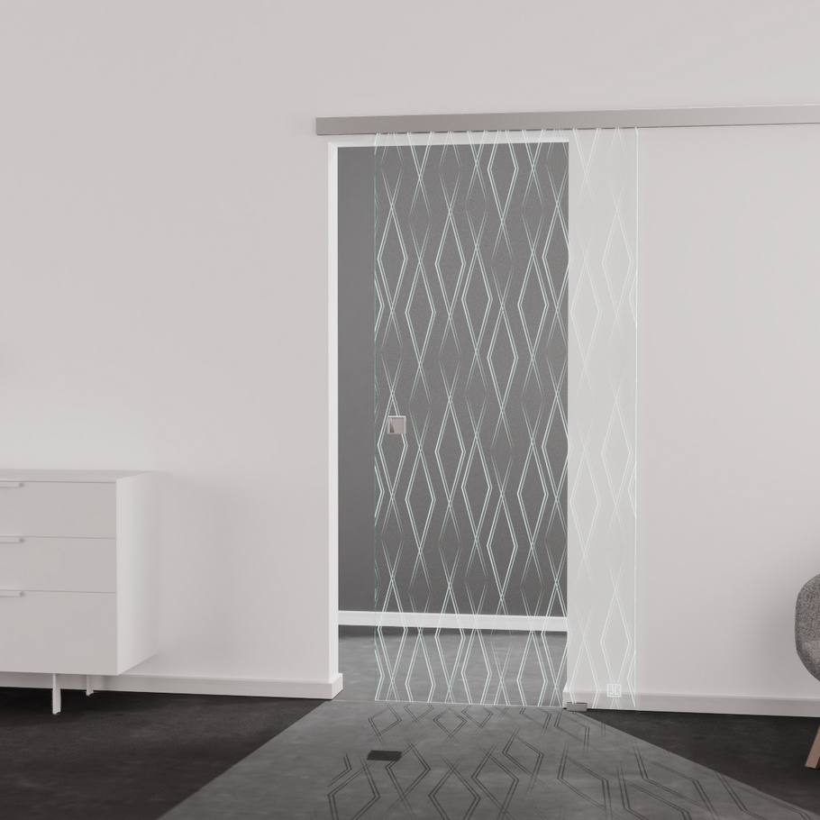 Wohnsituation zeigt die Glastür aus Einscheibensicherheitsglas (ESG) Laserdekor JETTE FOREVER 687 in der Ausführung durchsichtig BASIC GREEN Bohrung Studio/Office Schiebetür