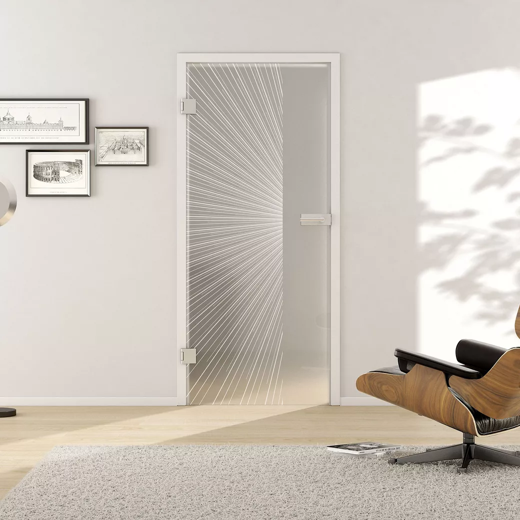 Glasdrehtür LINES 650 ESG PURE WHITE matt 834x1972x8mm Studio/Office DIN L