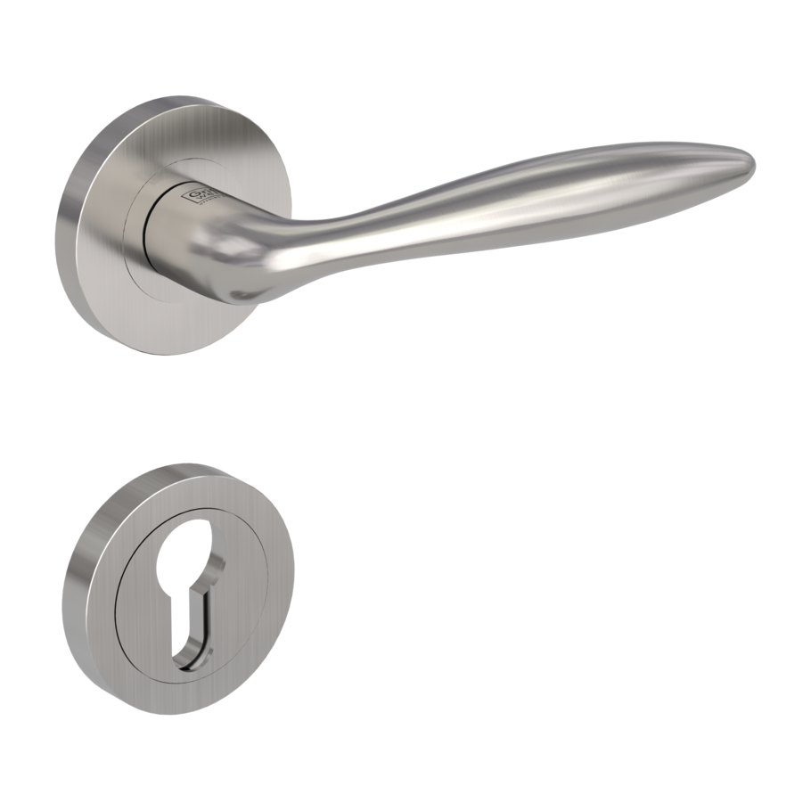 Isolated product image in the right-turned angle shows the GRIFFWERK rose set ALINA in the version euro profile - nickel matt - screw on technique