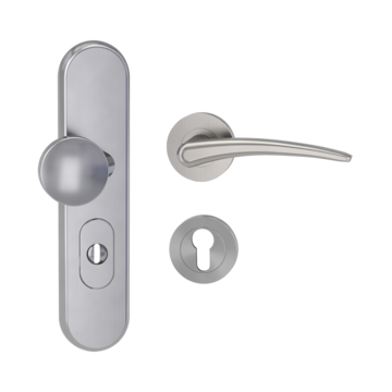Silhouette product image in perfect product view shows the Griffwerk security combi set TITANO_882 in the version cylinder cover, round, brushed steel, clip on with the door handle MARISA SG