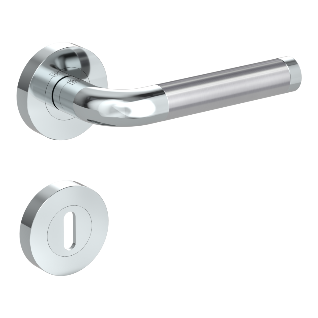 door handle set SIMONA screw on cl4 rose set round mortice lock chrome/brushed steel