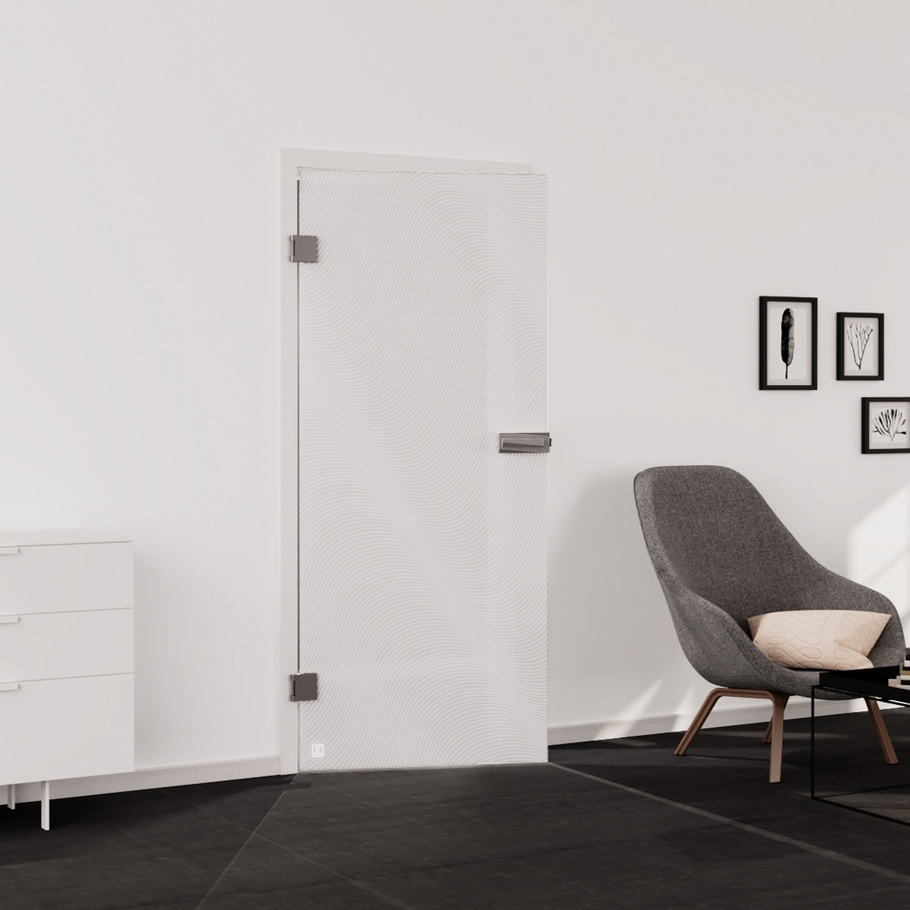 Living situation which shows the glass door with tempered safety glass (ESG) laserdecor JETTE WAVE 563 in the vision frosted PURE WHITE drilling Studio/Office revolving door DIN L