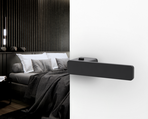 The illustration shows an open door with black door handle R8 ONE smart2lock and black furnished bedroom in the background.
