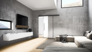 Abbildung Planeo Air von Griffwerk in Wohnzimmer Die Abbildung zeigt die Schiebetür Planeo Air von Griffwerk in einem Wohnzimmer im Bauhausstil.
