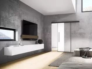 Abbildung Planeo Air von Griffwerk in Wohnzimmer Die Abbildung zeigt die Schiebetür Planeo Air von Griffwerk in einem Wohnzimmer im Bauhausstil.