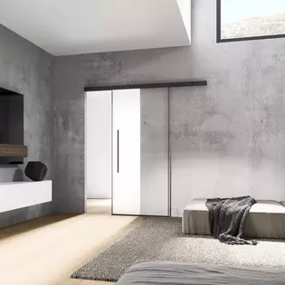 Abbildung Planeo Air von Griffwerk in Wohnzimmer Die Abbildung zeigt die Schiebetür Planeo Air von Griffwerk in einem Wohnzimmer im Bauhausstil.
