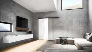 The picture shows the sliding door Planeo Air by Griffwerk in a Bauhaus-style living room.