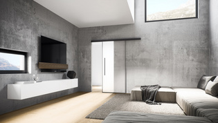 Abbildung Planeo Air von Griffwerk in Wohnzimmer Die Abbildung zeigt die Schiebetür Planeo Air von Griffwerk in einem Wohnzimmer im Bauhausstil.