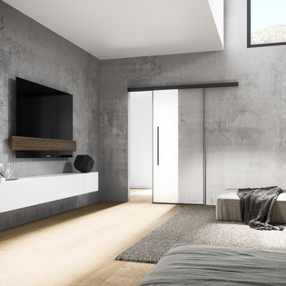 The picture shows the sliding door Planeo Air by Griffwerk in a Bauhaus-style living room.