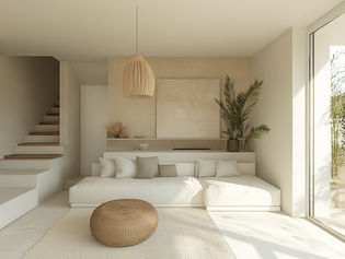 Minimalist living room with natural lighting A modern living room in a minimalist design with a white sofa, round rattan ottoman, hanging lamp and a staircase leading to the upper area. In the background are plants and subtle decorations.