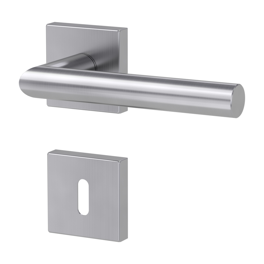 Isolated product image in the left-turned angle shows the GRIFFWERK rose set square LUCIA SQUARE in the version mortice lock - brushed steel - clip on technique