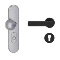 Silhouette product image in perfect product view shows the Griffwerk security combi set TITANO_882 in the version cylinder cover, round, brushed steel, clip on with the door handle MINIMAL MODERN