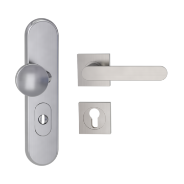 Silhouette product image in perfect product view shows the Griffwerk security combi set TITANO_882 in the version cylinder cover, square, brushed steel, clip on with the door handle AVUS SG