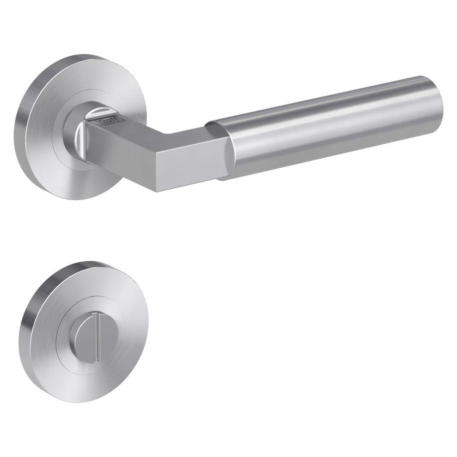 Isolated product image in the right-turned angle shows the GRIFFWERK rose set METRICO PROF in the version turn and release - brushed steel - screw on technique outside view