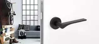 The picture shows the Griffwerk door handle LEAF LIGHT in graphite black in a living room.